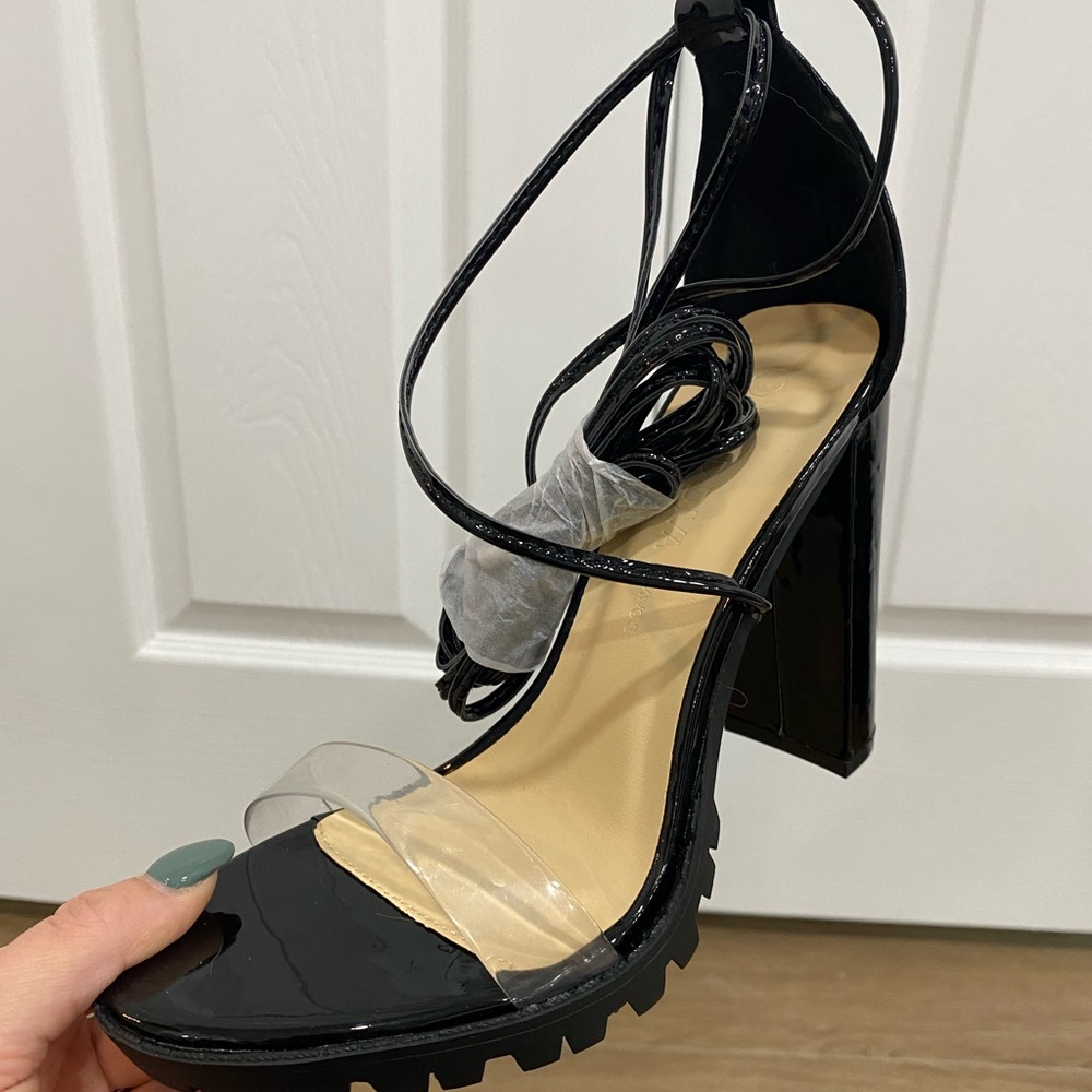NWT Black heels with acrylic strap and leg ties